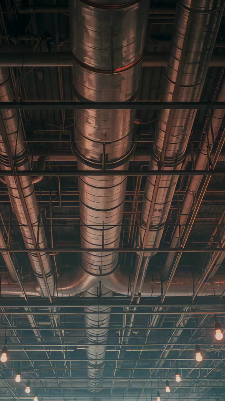 Vertical video: Playback starting camera tilting up revealing ducts and hanging bulbs in brewery