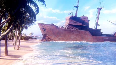 a ruined rusty ship lies on the beach of a tropical island. concept of abandoned industrial vessels. looping animation.