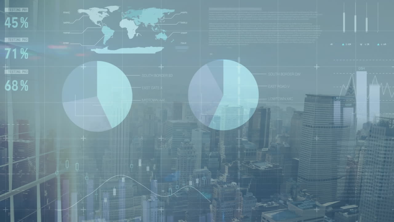 Animation of infographic interface over aerial view of modern cityscape against sky