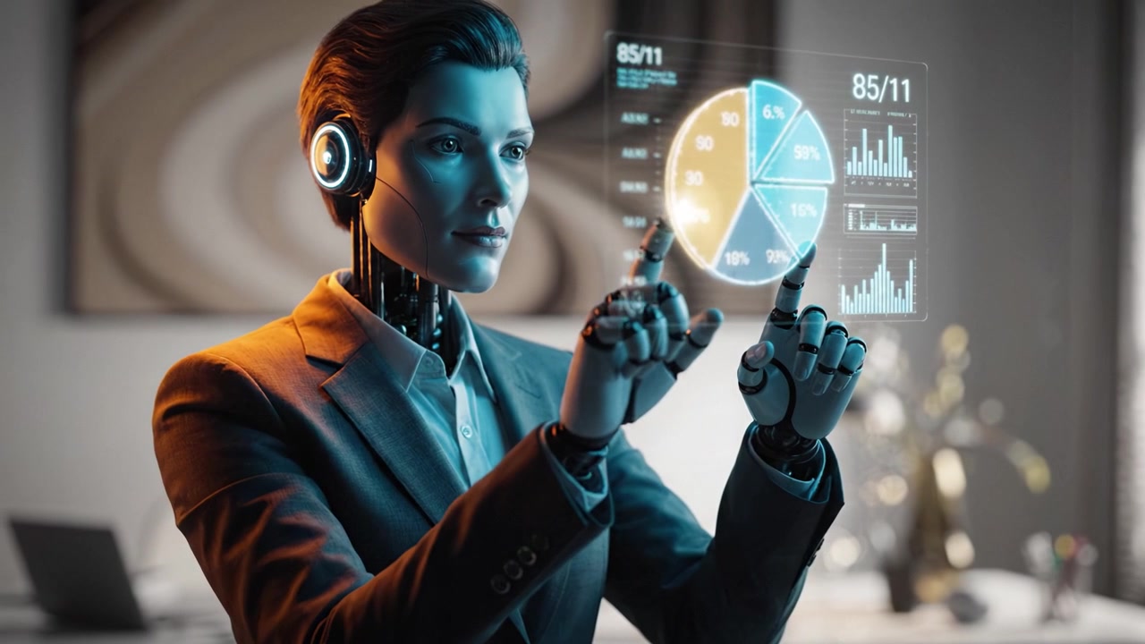 A humanoid robot interacts with futuristic digital data displays, showcasing advanced technology and innovative design in a professional environment.
