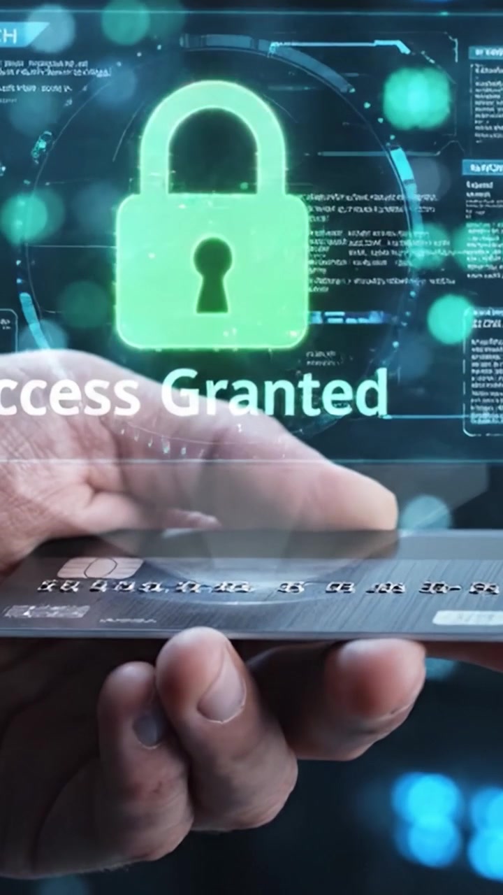 A sleek hand holding a credit card in front of a digital background, transitioning from a financial transaction to a successful access confirmation with modern technology visuals.