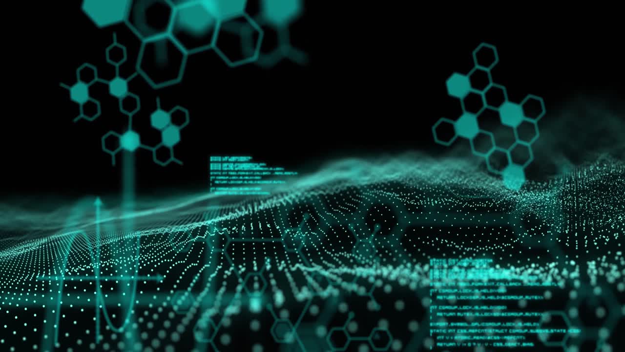Animation of data processing and chemical compounds over green glowing mesh