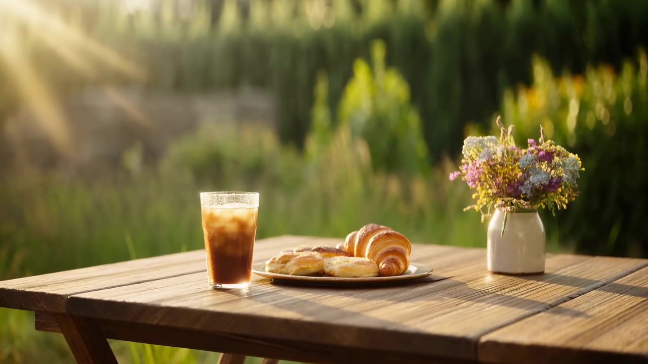 Warme Morgenszene eines rustikalen Frühstücks im Freien auf einer Holzplatte mit Croissants, einem Glas Eisgetränk und einer kleinen Blumenvase vor einem sanft unscharfen Gartenhintergrund.