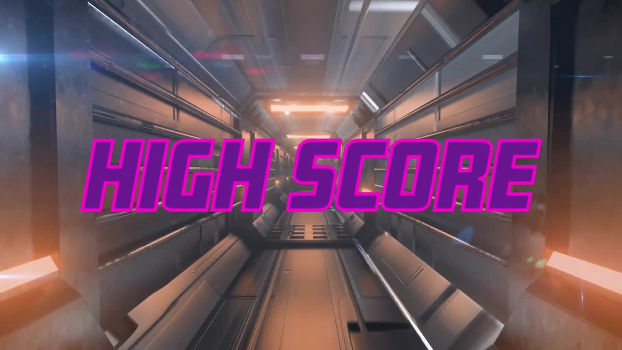 Camera drifting down corridor causing glitches before neon HIGH SCORE forming and announcing win