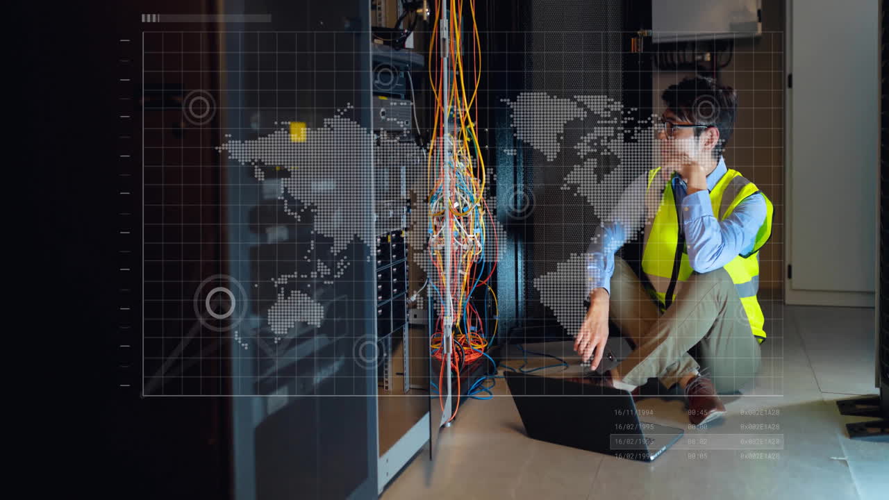 Animation of data processing over asian male it technician with laptop over computer servers