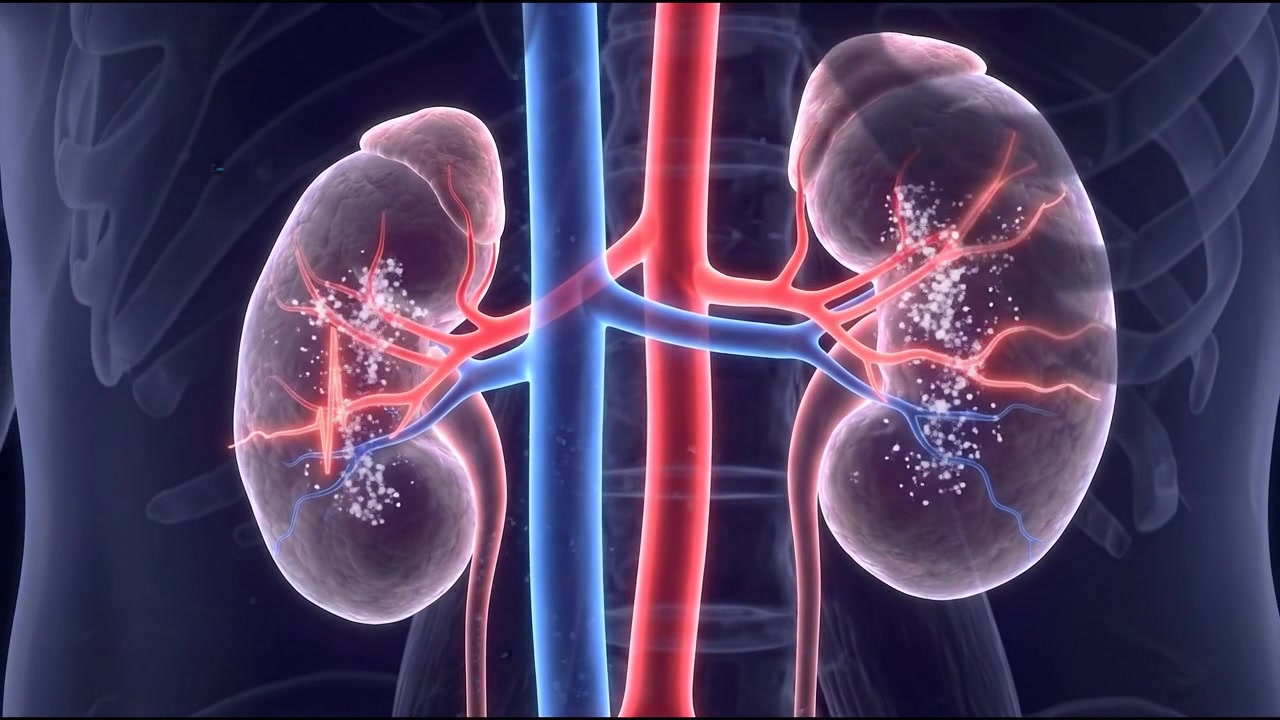 Glowing 3D human kidneys with renal blood vessels and urinary tract