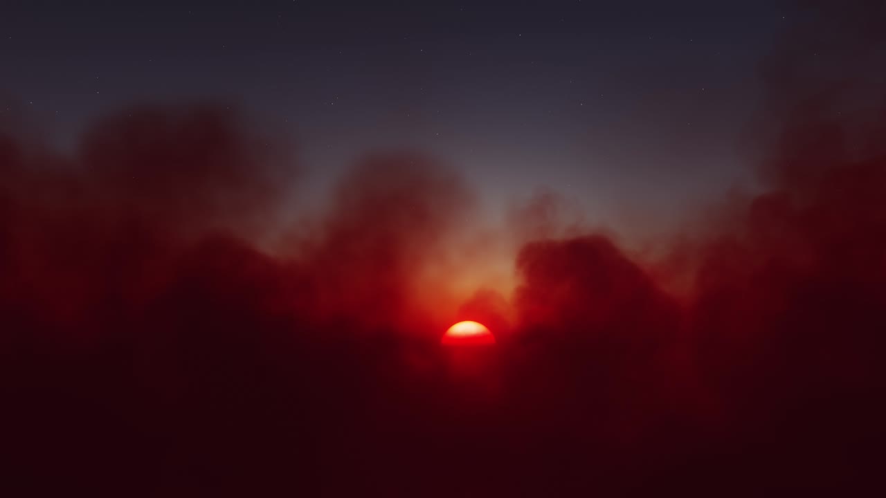 골든 아워 일몰 근처의 높은 고도 적운 구름을 통해 비행하는 끝없는 시간 경과