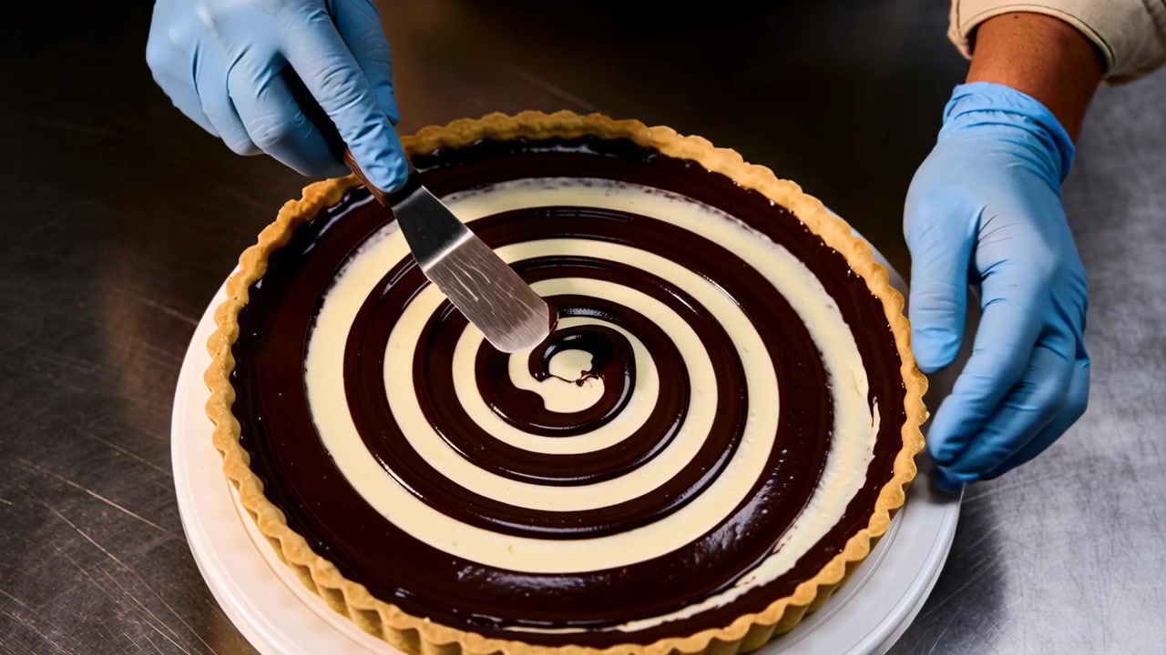 Placing blue-gloved hand, chef in sleeves pulling spatula forming swirl in ringed tart at bakery