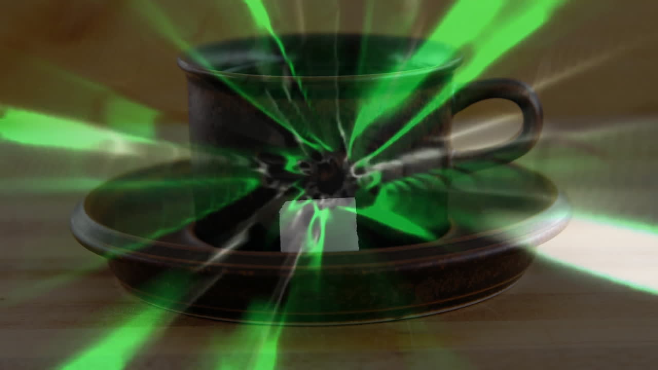 Dark ceramic cup and saucer emitting green and white energy beams, cube glowing nearby 3D-rendered