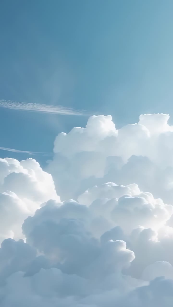 Vertical video: Cumulus clouds shifting and billowing in sky, alongside contrail as light shifts