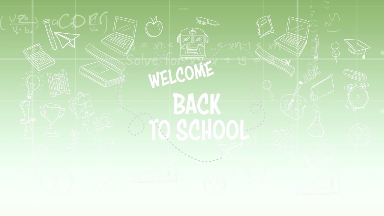 In school, animation of Welcome Back text with educational doodles on green background