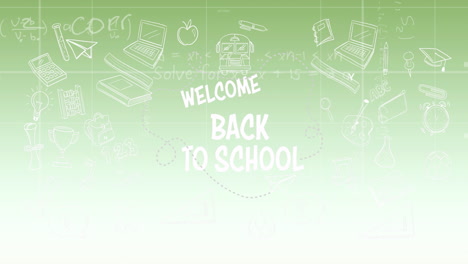 in school, animation of welcome back text with educational doodles on green background