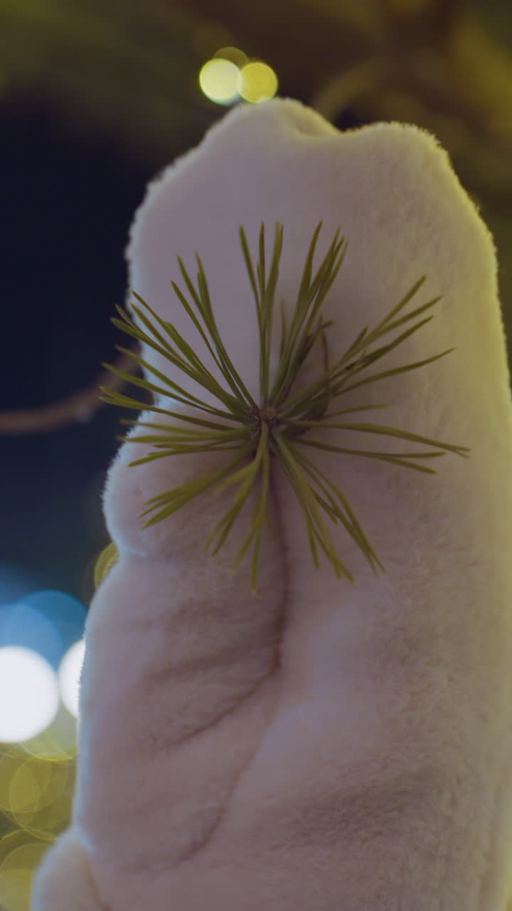 Close up of winter-gloved hand touching decorative pine branch with soft golden bokeh lights in the background, magical holiday ambiance with warm festive glow