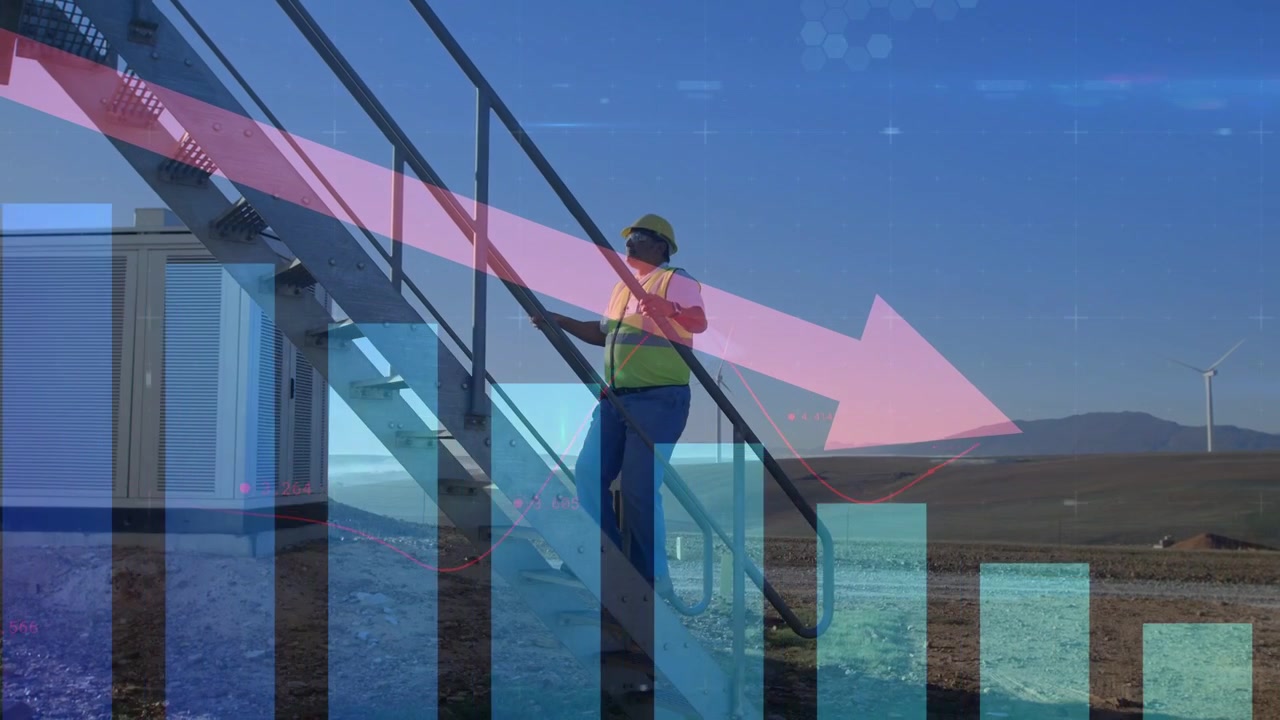 Vertical video: Site tech placing foot, climbing stairs to inspect, chart overlay with pink arrow