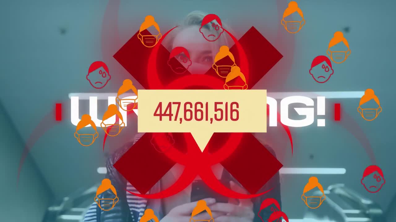 바이오 위험 상징과 얼굴 마스크를 입은 여성에 대한 코로나 19 데이터 처리 애니메이션