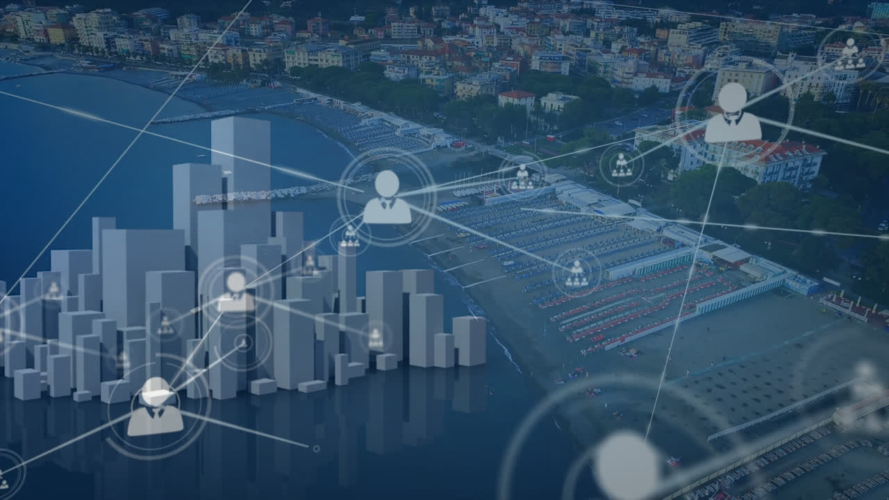 animación de la red de conexiones con iconos sobre el paisaje urbano