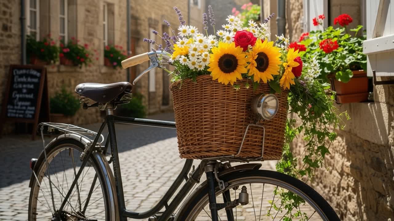 Charming Bicycle with a Colorful Floral Basket in a Quaint Cobblestone Street Setting, Radiating Joy and Tranquility amid Lush Greenery and Vibrant Blooms