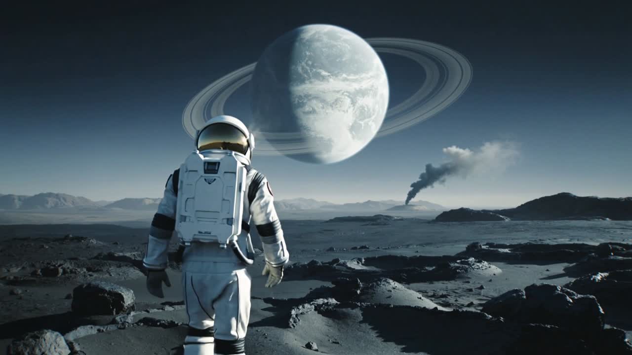 Astronaut i rumdragt får øje på en røgsky og går mod den på en stenet slette under en ringplanet.