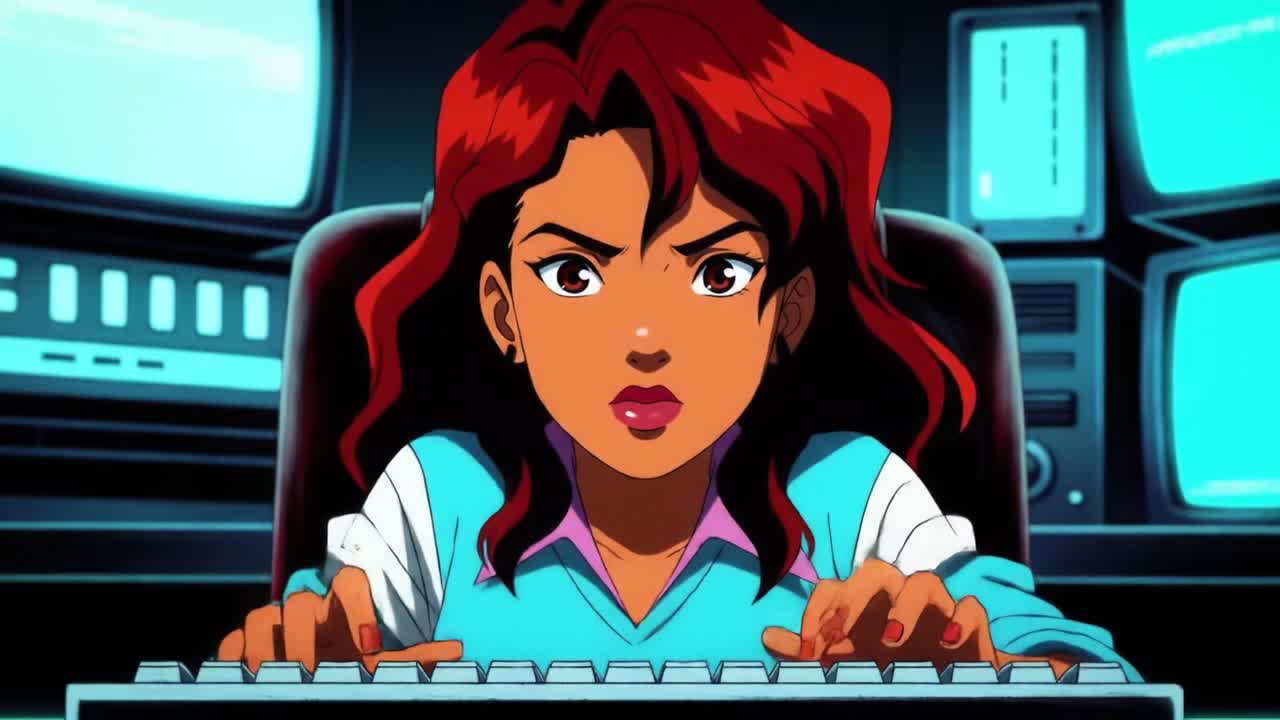 A determined young woman focused intently on her computer screen, skillfully navigating the digital realm as she types away, showcasing her expertise in a high-tech environment