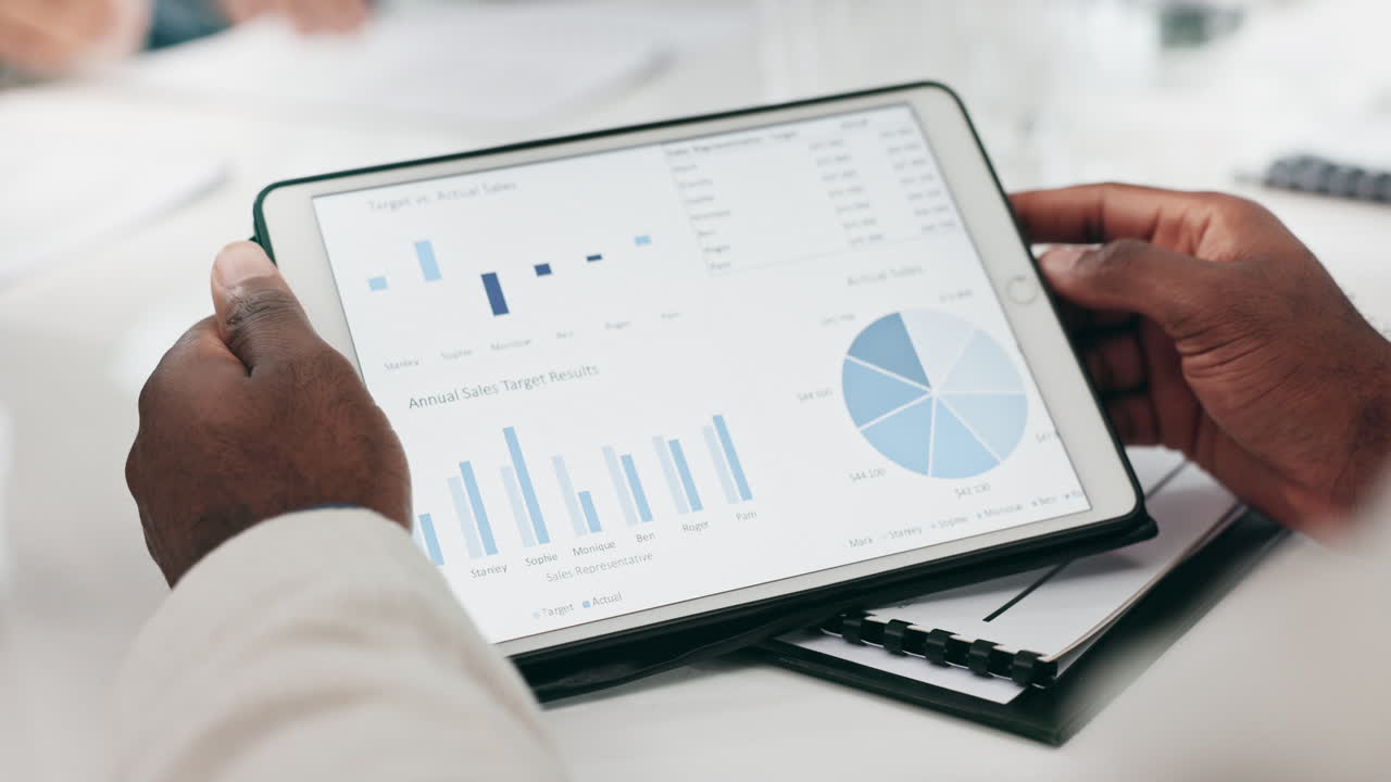 Business hands, screen and tablet for data