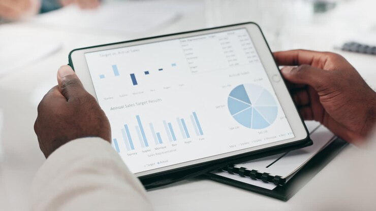 Business hands, screen and tablet for data