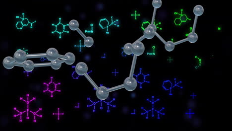 estructuras moleculares y fórmulas químicas, animación de investigación científica sobre un fondo oscuro
