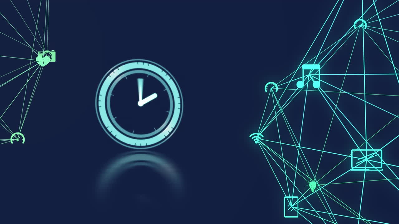 Globe of digital icons against digital clock ticking