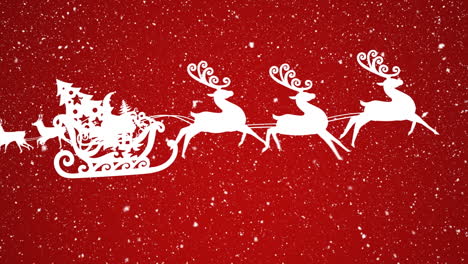 animation of santa sleighs and snow falling on red background