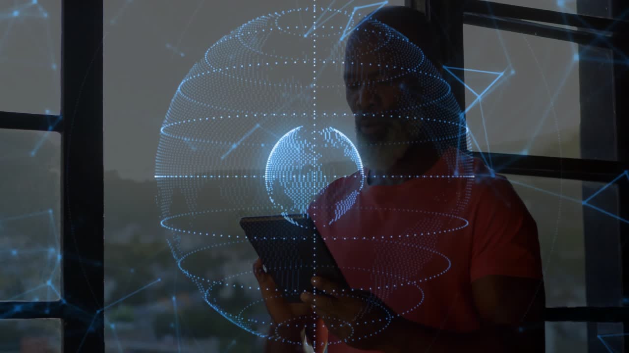 Tech expert lifting tablet by window and generating rotating holographic globe with network lines