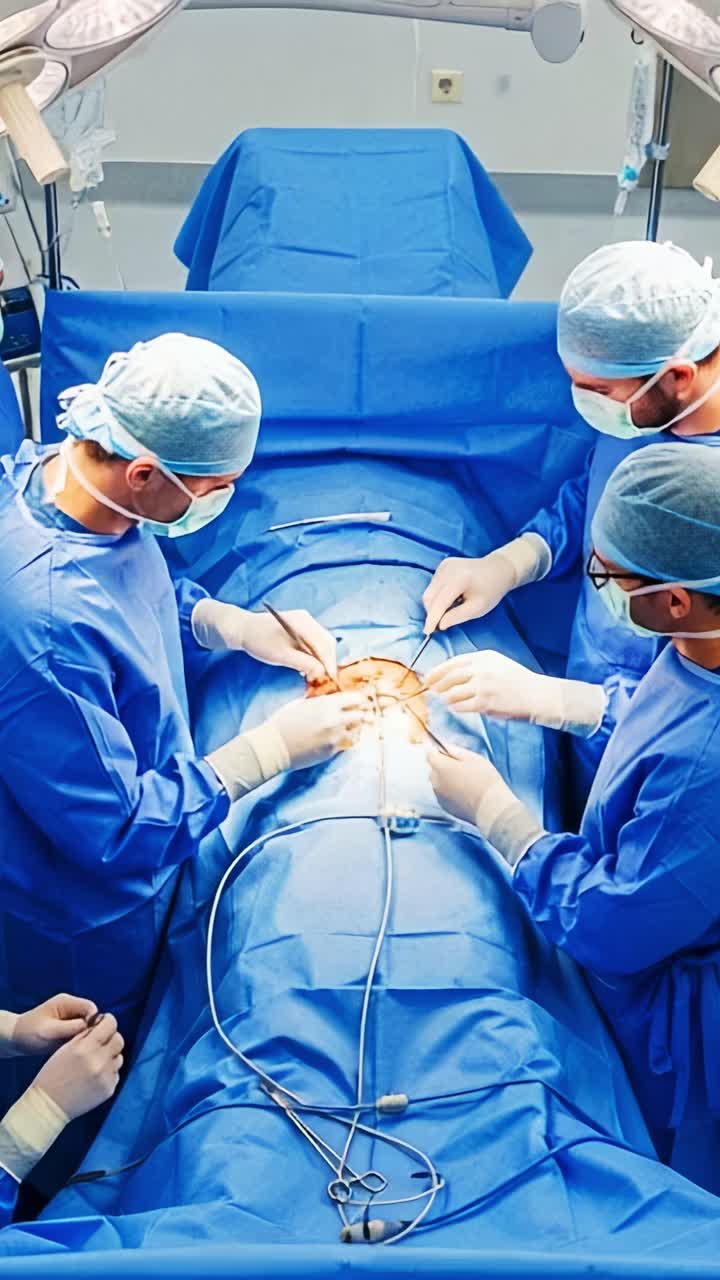 A team of surgeons performing a complex surgical procedure in a sterile environment, showcasing their focus and precision under bright medical lighting