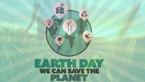 Animation-of-earth-day-we-can-save-the-planet-over-woman-walking-on-field