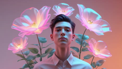 Portrait of a Young Man with Luminous Pink and Blue Flowers