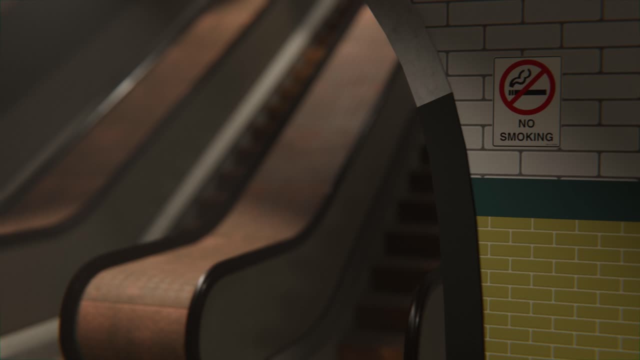 Animazione 3D di un cartello di divieto di fumo accanto alle scale mobili in una stazione della metropolitana