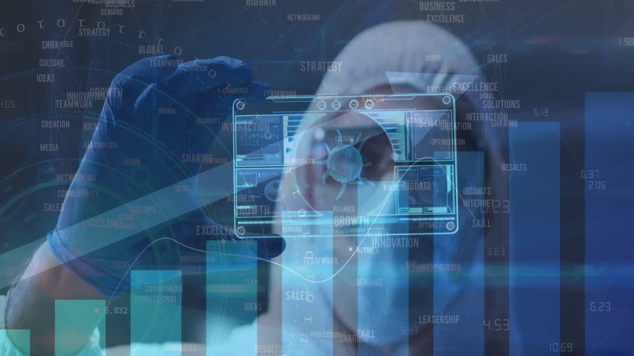 Statistical data processing against health worker holding futuristic screen with data processing