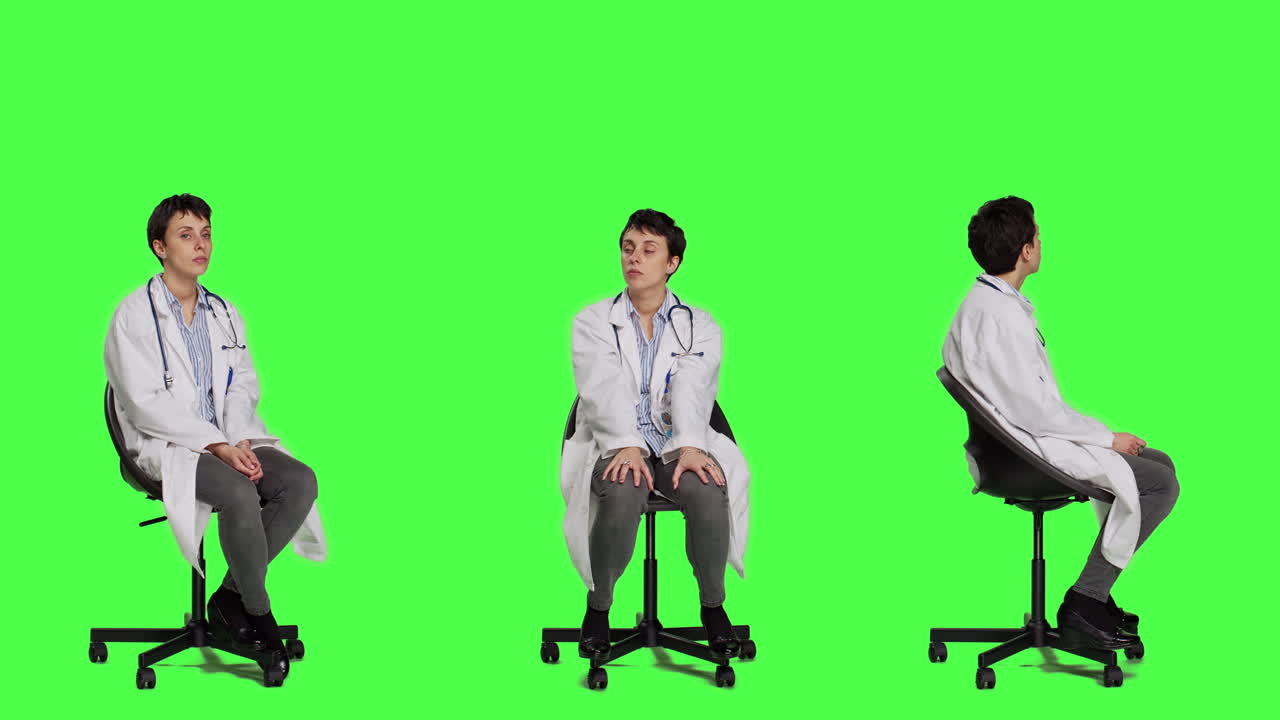 백색 코트를 입은 의사가 상담에서 환자를 기다리고 있습니다.