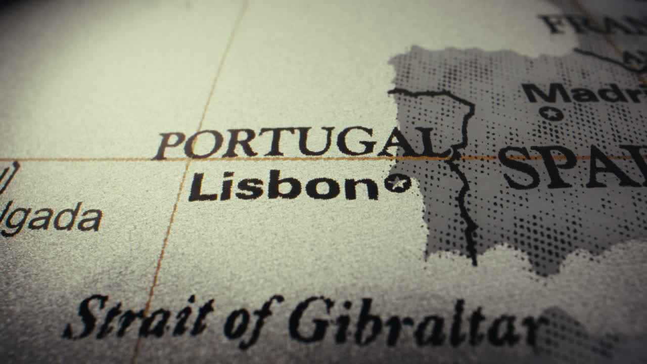 Close-up of a World Map Focusing on Portugal and Spain