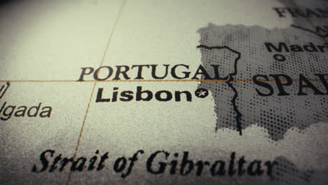 close-up of a world map focusing on portugal and spain
