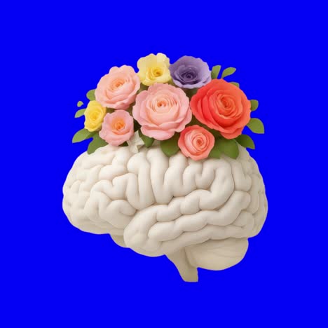 Brain adorned with colorful flowers animation, transparent 4K video, green screen