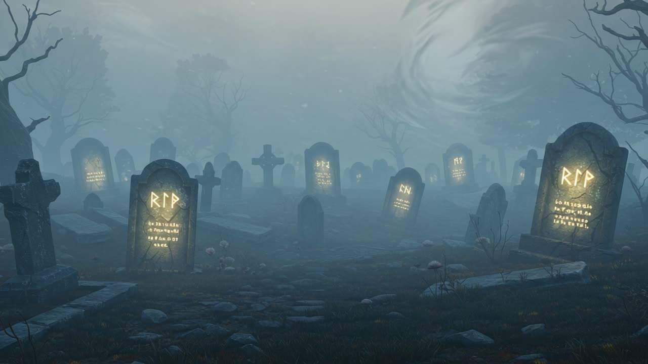 Eerie Graveyard Scene at Dusk: Ominous Mist Enveloping a Collection of Weathered Tombstones with Illuminated Inscriptions, Creating an Haunting Atmosphere