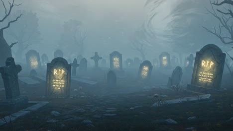 eerie graveyard scene at dusk: ominous mist enveloping a collection of weathered tombstones with illuminated inscriptions, creating an haunting atmosphere