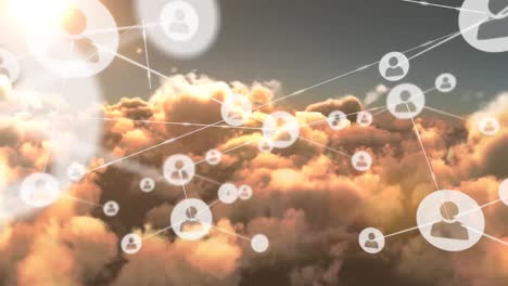 Animation-of-networks-of-connections-with-icons-over-clouds-and-sky