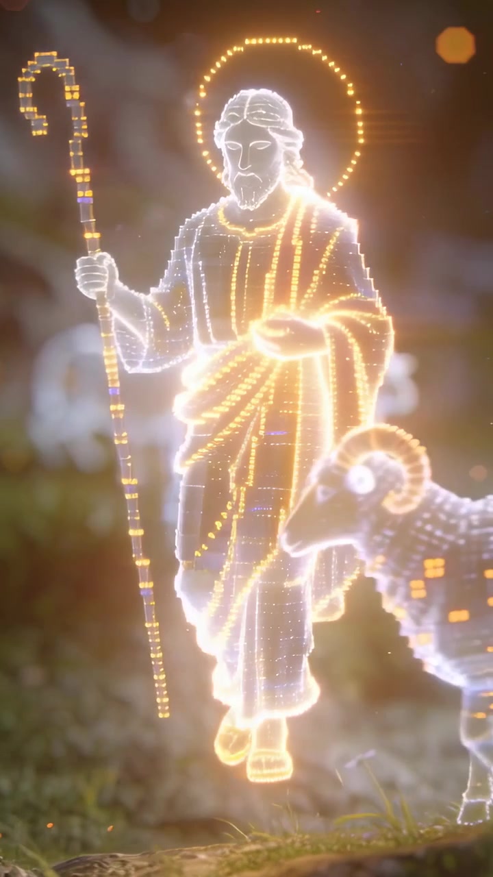 Vertical video: Emerging haloed robed shepherd walking meadow holding staff guiding pixel sheep