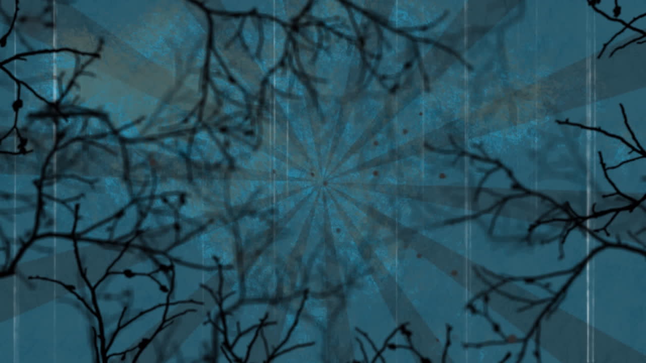 superposición de textura grunge sobre ramas de árboles espeluznantes contra un fondo radial azul