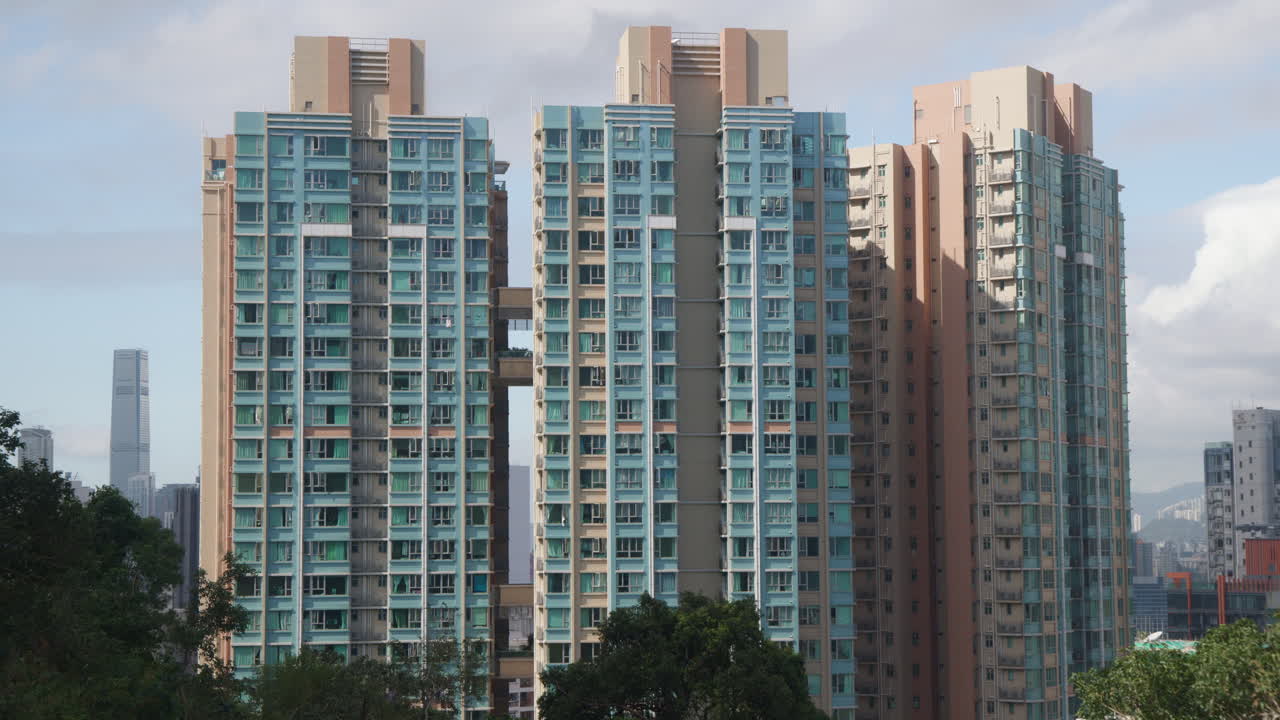 Hong Kong Modern Highrise Residential Buildings Skybridge Closeup