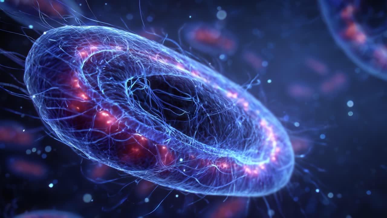 Un viaggio affascinante attraverso il mondo microscopico di schemi energetici e campi elettromagnetici, rappresentati da strutture luminose e complesse.