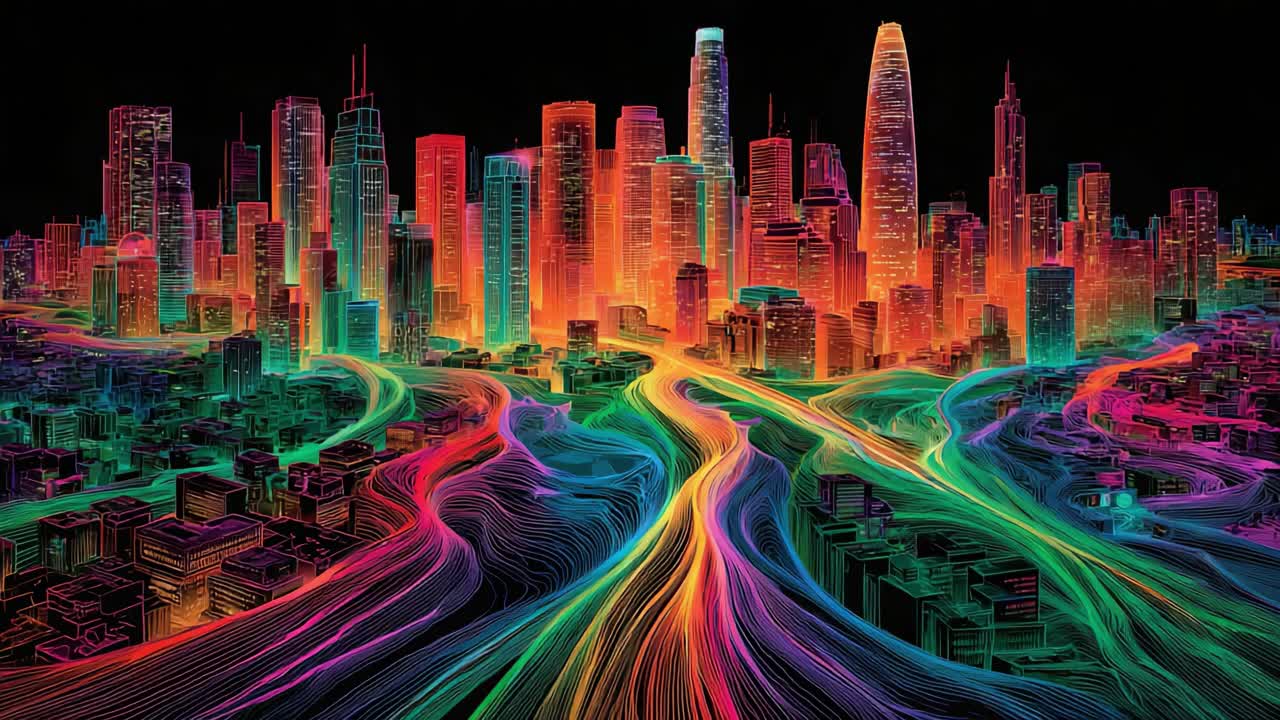 Uma paisagem urbana digital vibrante, exibindo cores neon e padrões fluidos sobre estruturas urbanas e ruas, capturando a energia e o movimento de uma metrópole futurista.