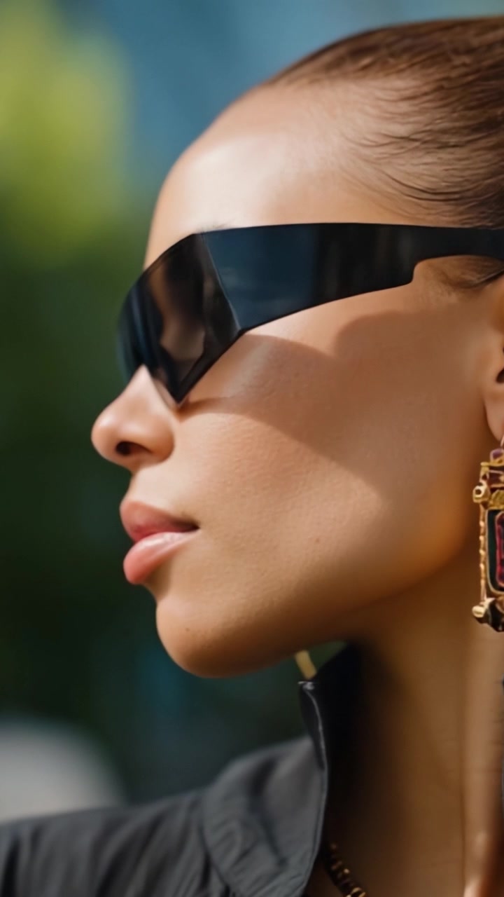 Un individuo alla moda che sfoggia occhiali da sole alla moda e accessori eleganti in un ambiente esterno luminoso, evidenziando stile moderno e raffinatezza.