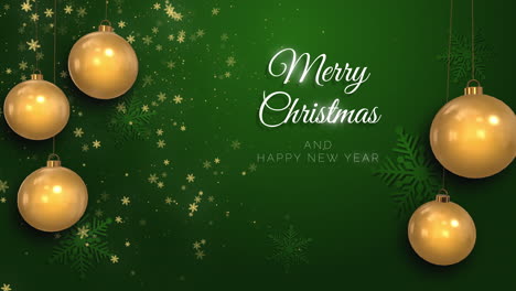 happy new year and merry christmas green background with presents, shining golden tree baubles and snowflakes. loop greeting animation.