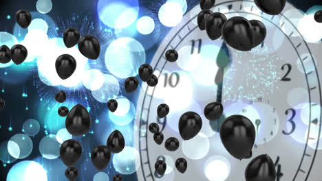 multiple black balloons floating over clock ticking to midnight against blue spots of light