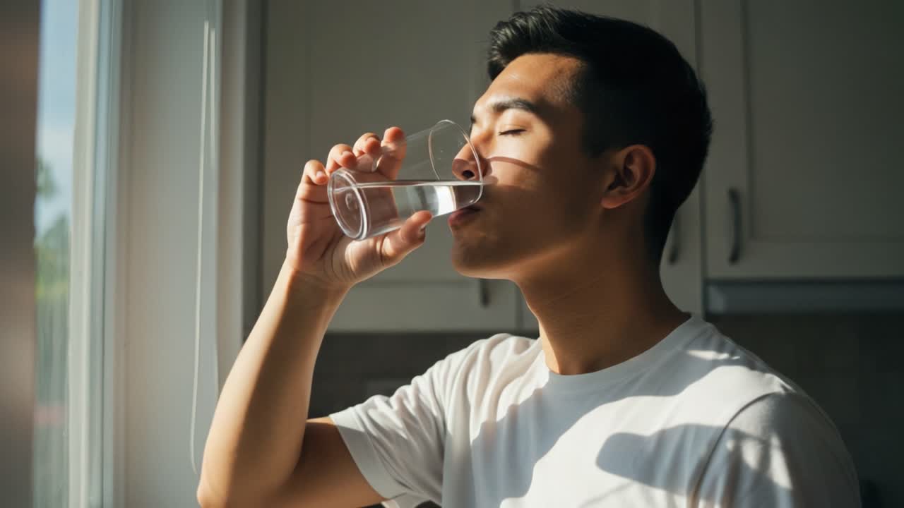A Moment of Hydration: A Young Man Reflects While Drinking Water at Home in Soft Morning Light, Emphasizing the Importance of Staying Hydrated for Wellness